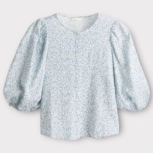 Linen White and Blue Floral Balloon Sleeve Round Neck Blouse, size Medium